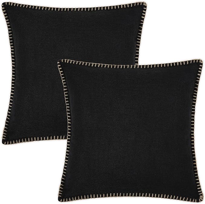 decorUhome Decorative Outdoor Throw Pillow Covers 24x24 Set of 2, Square Linen Rustic Neutral Farmhouse Euro Pillow Covers with Stitched Edge for Couch, Sofa, Living Room, Black