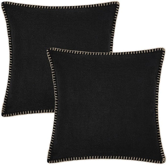 decorUhome Decorative Outdoor Throw Pillow Covers 20x20 Set of 2, Square Linen Rustic Neutral Farmhouse Euro Pillow Covers with Stitched Edge for Couch, Sofa, Living Room, Black