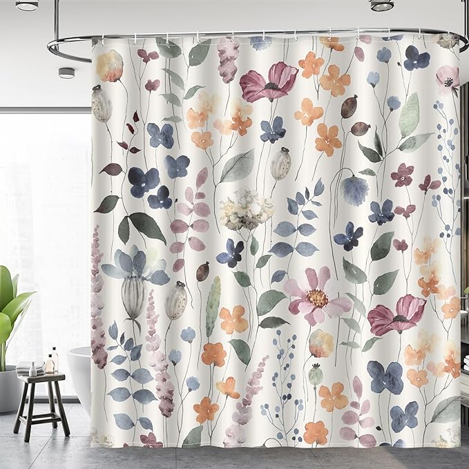 Aimego Spring Floral Shower Curtain -Colorful Watercolor Ink Flowers Plant Summer Nature Botanical Fabric Cloth Bath Shower Curtain Set with 12 Hooks for Bathroom Decor Accessories, 72"x72"
