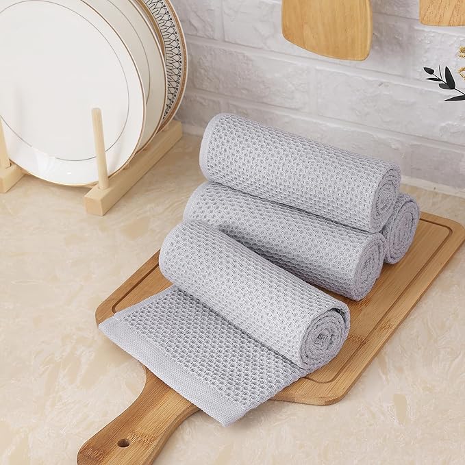 Homaxy 100% Cotton Waffle Weave Kitchen Towels, 13 x 28 Inches Super Absorbent and Machine Washable Dish Towels for Drying Dishes, 4-Packs, Light Grey