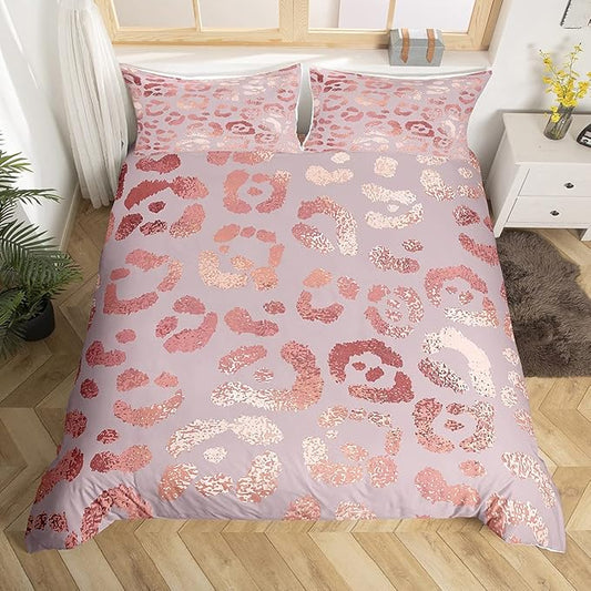 Pink Leopard Duvet Cover Set King for Women Men Pink Glitter Bedding Set Marble Abstract Art Comforter Cover Cheetah Skin Pattern Bedspread Cover with 2 Pillow Shams Quilt Cover 3 Pcs(No Comforter)