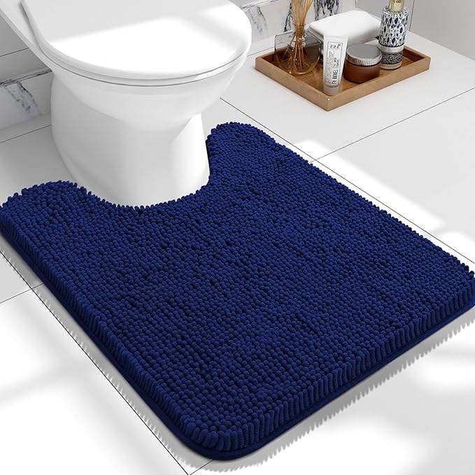 OLANLY Toilet Rugs U-Shaped 24x20, Extra Soft Absorbent Chenille Contour Bathroom Rugs for Toilet, Dry Quickly, Machine Washable, Non-Slip Bath Mat, Navy