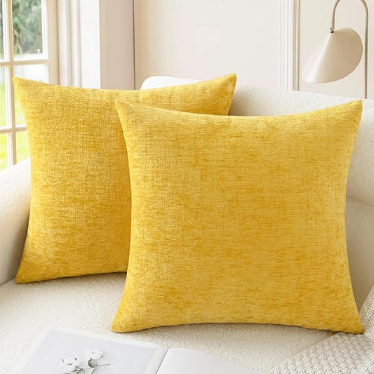 CaliTime Throw Pillow Covers Decorative 24 X 24 Inches Pack of 2 Cozy Chenille Cushion Cases for Couch Sofa Bed Living Room Home Mustard Yellow