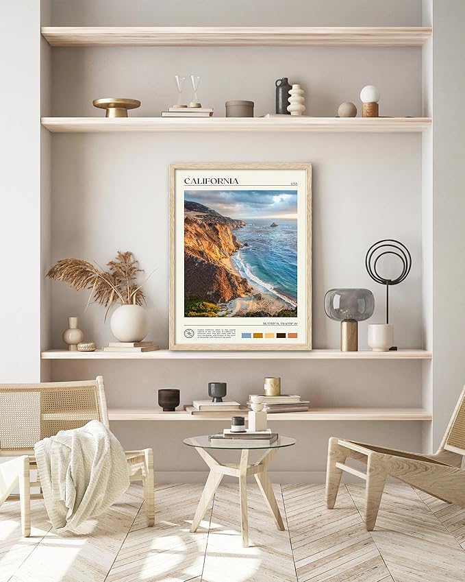 HesenDot Natural OAK Wood Coastal California Refers Framed Wall Art,12x16in Natural Seascape Canvas Wall Print,Classic Urban Landmark Wall Decor for Living Room,Bedroom,Office Gallery Gifts Set of 1