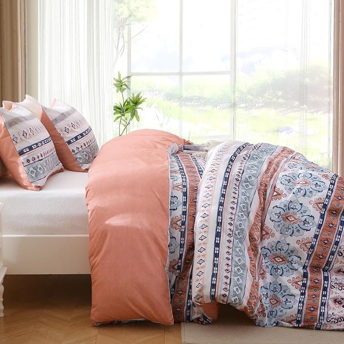 MUXHOMO Duvet Cover Queen Size, Reversible Floral Vintage Duvet Cover Set with Zipper Closure, 3 Pieces Botanical Patterns Soft Microfiber Bedding Set (90"x90", 2 Pillow Cases, Boho Pink)