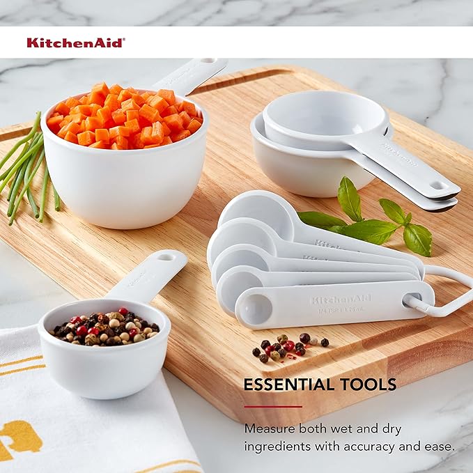 KitchenAid Universal Easy To Read Measuring Cup and Spoon Set with Soft Grip Handle for Maximum Control, Hang Hole and Nesting For Easy Storage, Dishwasher Safe, 9 Piece, White