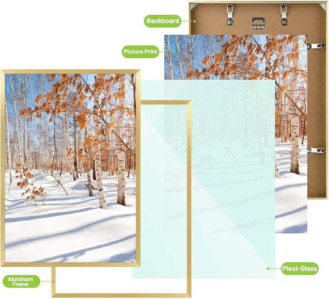 Golden State Art, A3 Aluminum Picture Frame, Gold Metal Thin Poster Frames for 11.7x16.5 inch Photo, Acrylic Front, Wall Hook for Horizontal or Vertical Display, 3 Pack