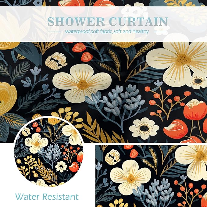 Aimego Black Floral Shower Curtain - Dark Beige Yellow Flowers Plants Boho Chic Colorful Botanical Leaves Fabric Cloth Bath Shower Curtain Set with 12 Hooks for Bathroom Decor Accessories, 72"x72"