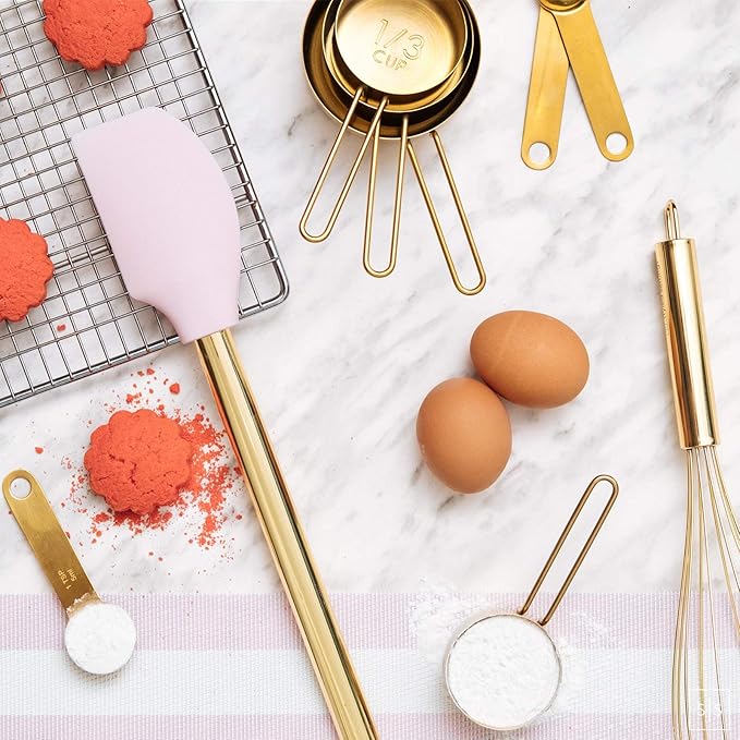 Gold and Pink Kitchen Utensil Set with Holder - 7-Piece Cooking Tools with Gold Whisk, Ladle, Tongs, Turner, Spatula, and Spoon - Stylish Pink Kitchen Accessories for Modern Cooking & Serving