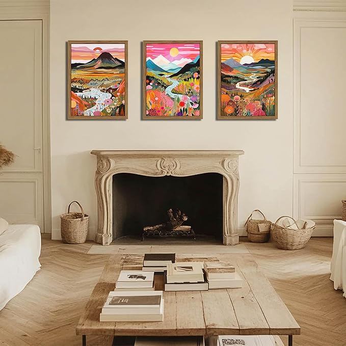Wood Framed Boho Colorful Landscape Canvas Wall Art Set of 3 - Abstract Mountain Wall Decor Paintings, Nature Floral Poster Prints Aesthetic Home Decor for Living Room Bathroom Bedroom 12x16 inch