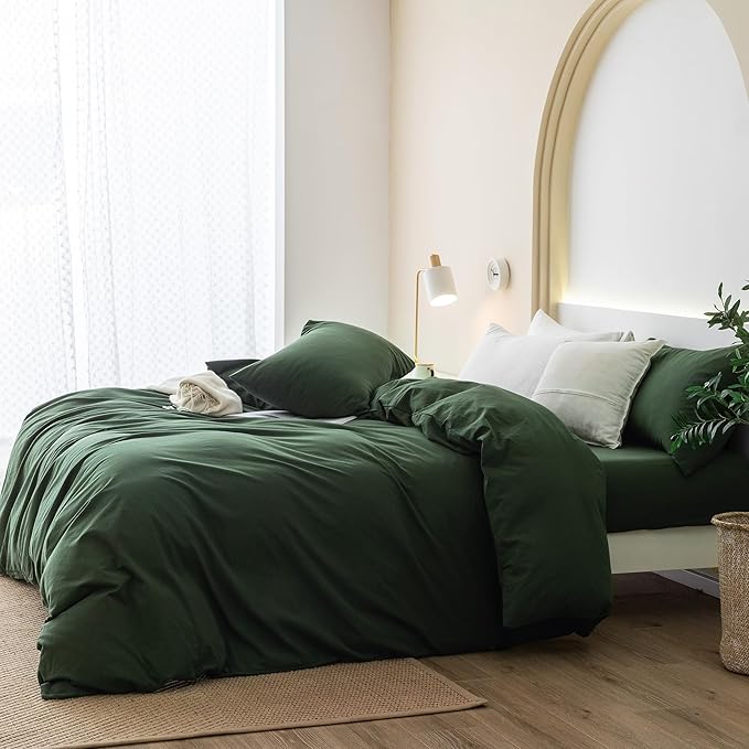 JIYUAN 100% Washed Cotton Duvet Cover Set 3 Pieces Full, 1 Duvet Cover 80x90 Inches(Comforter Not Included) and 2 Pillowcases,Linen Feel Bedding Set Comfy and Breathable,Forest Green