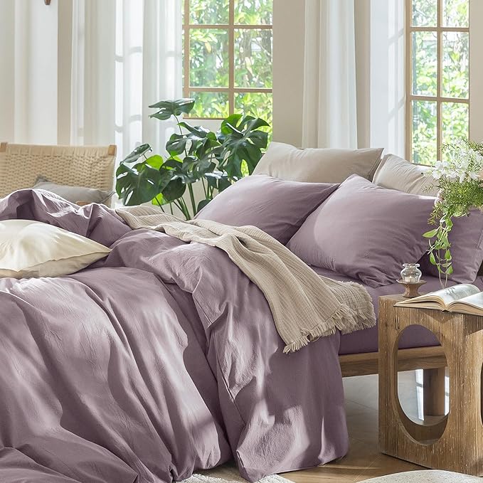 MooMee Bedding Duvet Cover Set 100% Washed Cotton Linen Like Textured Breathable Durable Soft Comfy (Solid Taro Purple, Super Queen 90"x98")