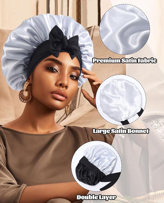 Satin Bonnet Silk Bonnet for Sleeping Silk Sleep Cap Double Layer Hair Bonnet with Elastic Tie Band for Curly Hair Night Cap(Black+Silver Gray)