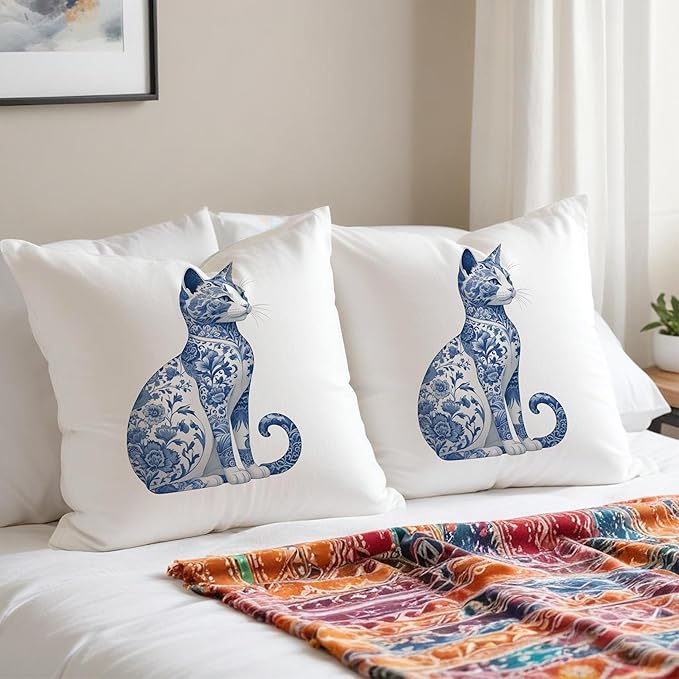 Blue and White Chinoiserie Floral Pillow Covers 18x18, Gifts for Cat Lovers Mom Lady Owners, Elegant Kitten Kitty Decorative Pillow Covers for Home Bedroom Living Room Decor, Pet Lover Gifts