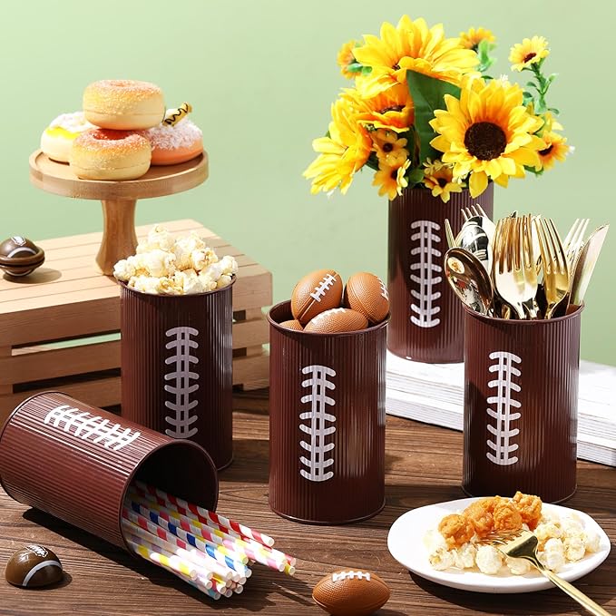 Domensi 6 Pcs Football Table Centerpiece Football Vases Decor Galvanized Metal Vases for Artificial Flowers Rugby Funny Pen Holder Utensil Holder Jars for Kitchen Home Rugby Party Decorations Gifts