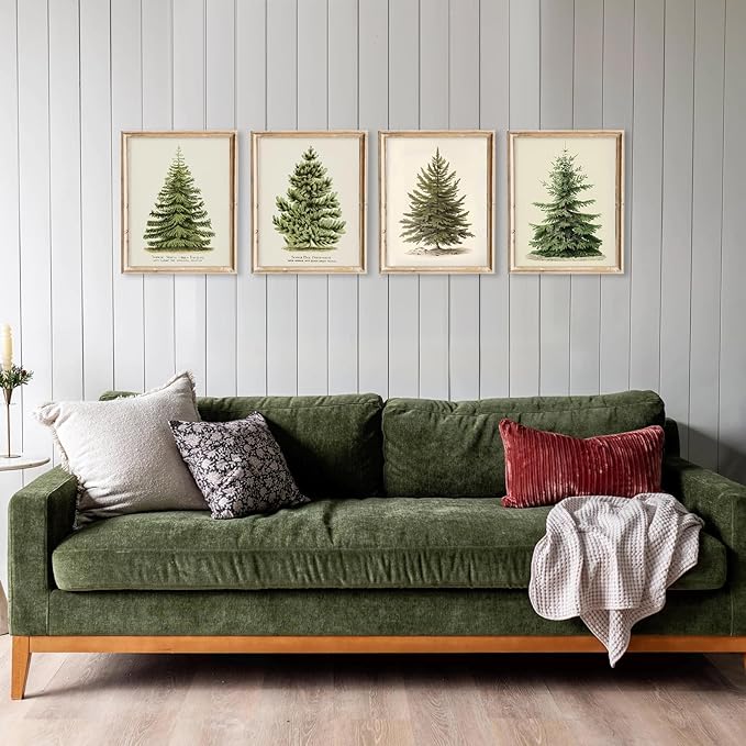 Vintage Christmas Tree Wall Art – Set of 4 Rustic Pine Tree Prints, Cozy Botanical Winter Holiday Decor, Unframed Christmas Wall Artwork for Festive Home Styling (8x10 Inch)