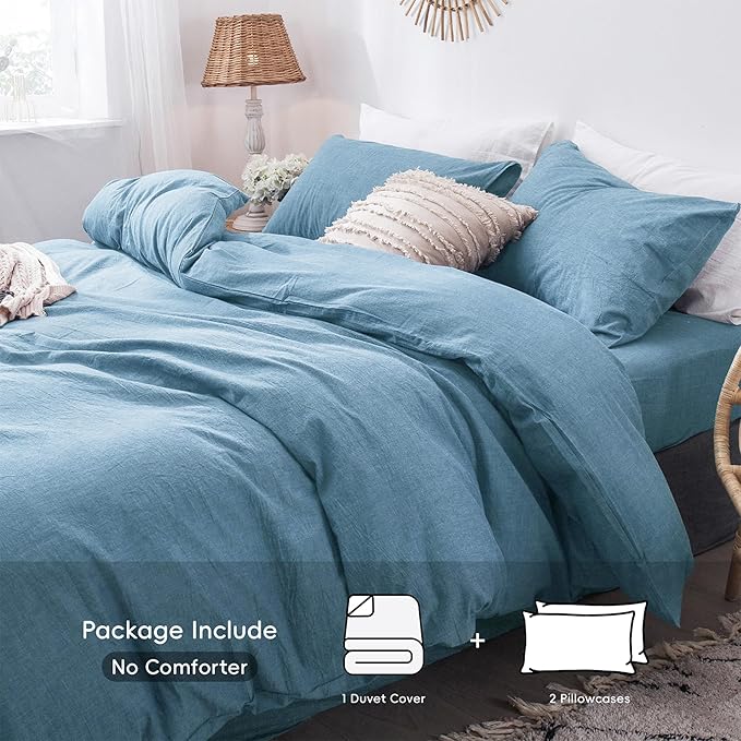MooMee Bedding Duvet Cover Set 100% Washed Cotton Linen Like Textured Breathable Durable Soft Comfy (Heathered Peacock Blue, Cal King 104"x98")