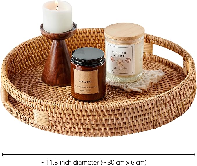 JUNGLE CULTURE Rattan Serving Tray 12" in Natural Honey • Woven Serving Trays with Handles for Home • Round Decorative Circle Table Tray • Boho Wicker Serving Basket for Ottoman, Coffee Table, Couch