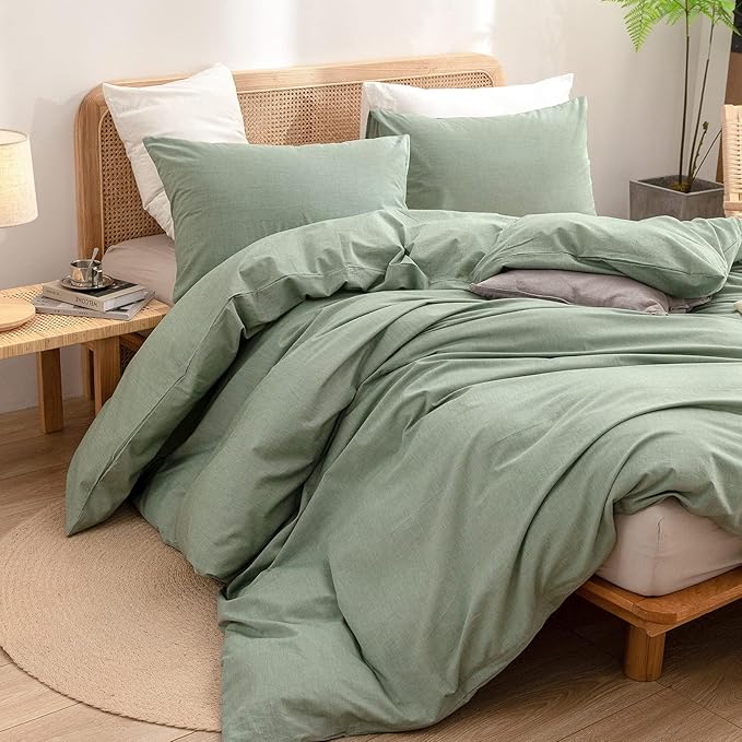 BESTOUCH Duvet Cover Set 100% Washed Cotton Linen Feel Super Soft Comfortable Chic Lightweight 3 PCs Home Bedding Set Solid Green Oversized Full
