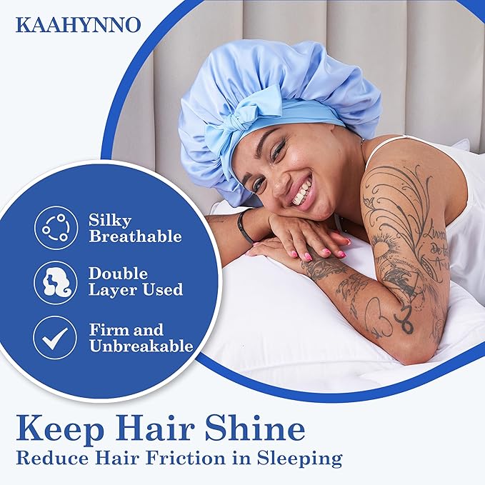 Silk Satin Bonnet Hair Wrap for Sleeping Women, Adjustable Tie Band Double Layer Sleep Night Head Cover for Curly Braid Fine