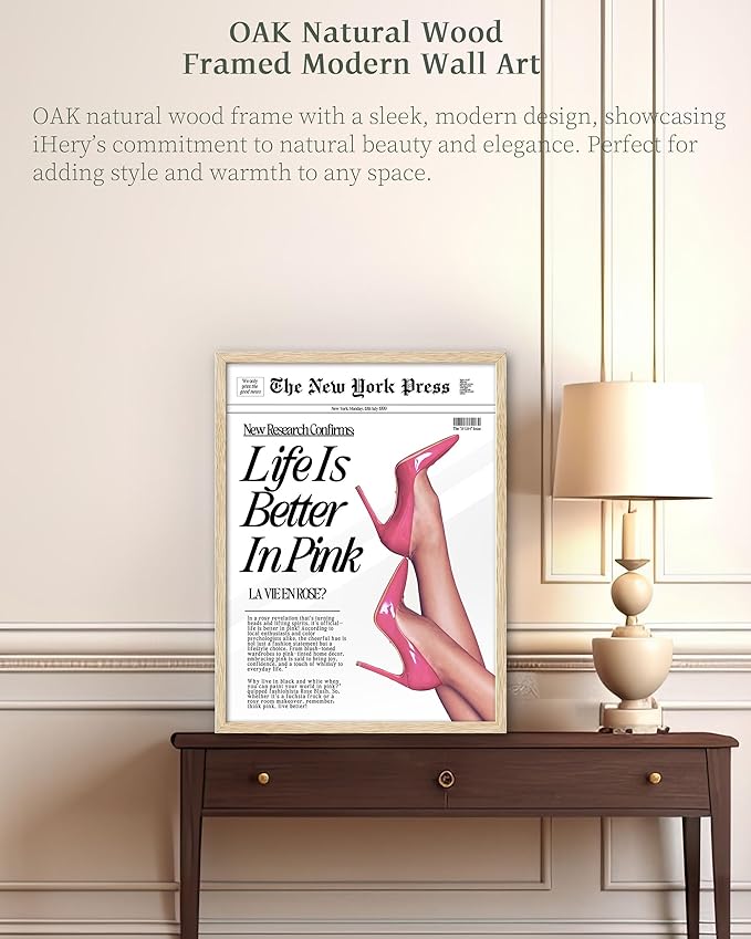 iHery Natural OAK Wood Retro Baby Pink News Framed Wall Art, 12x16 in Life Is Better In Pink Canvas Wall Decor, Beige Modern Trendy Newspaper Bedroom Decor, Set of 1 For Bathroom Living Room