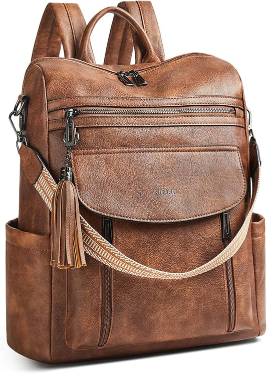 Shrrie Laptop Backpack for Women 15.6 inch,Travel Leather Backpack Purse Nurse Teacher Carry on Backpack Computer Bag,Professional Water-Resistant College Business Work Casual Daypack,Two-toned Brown
