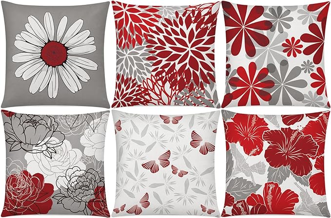 COMMINY Red Grey Pillow Covers 16x16 Set of 6 Decorative Burgundy Daisy Throw Pillow Cover for Couch Modern Farmhouse Cushion Cover for Patio Sofa Bed Living Room Home Decor