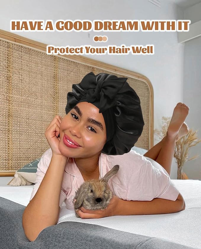 Satin Bonnet Silk Bonnet for Sleeping Silk Sleep Cap Double Layer Hair Bonnet with Elastic Tie Band for Curly Hair Night Cap (Black+Red)