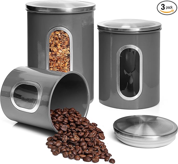 Moss & Stone 3-Piece Gray Canisters Sets For The Kitchen, Airtight Canister Set With See Through Window, Storage Jars for Coffee Container, Tea Organizer & Sugar Canister, Gray Kitchen Canisters