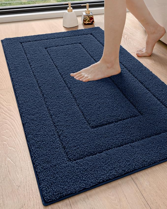 DEXI Bathroom Rug 43x24, Non Slip Washable Bath Mat for Shower Floor, Extra Large Absorbent Soft Bathmat with Rubber Backing, Quick Dry Microfiber Carpet, Navy