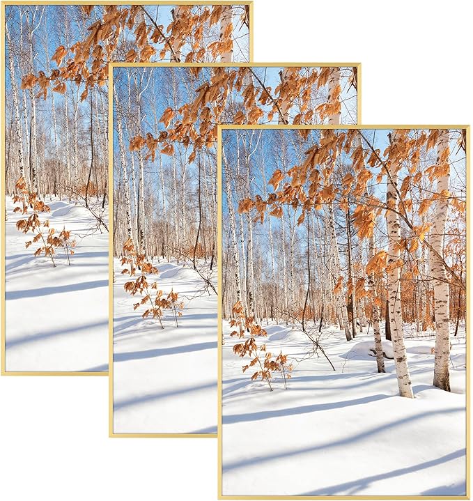 Golden State Art, 24x36 Aluminum Picture Frame, Gold Metal Thin Poster Frames for 24 x 36 inch Photo, Acrylic Front, Wall Hook for Horizontal or Vertical Display, 3 Pack