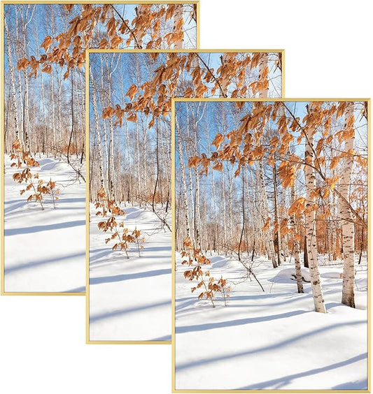 Golden State Art, 24x36 Aluminum Picture Frame, Gold Metal Thin Poster Frames for 24 x 36 inch Photo, Acrylic Front, Wall Hook for Horizontal or Vertical Display, 3 Pack