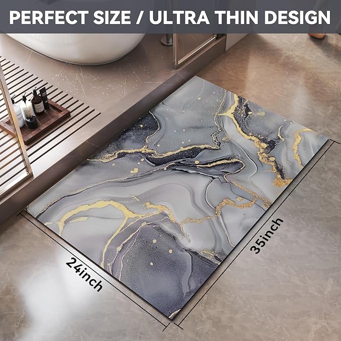 Non Slip Bath Mat Ultra Thin Bathroom Rug Fit Under Door, Rubber Backing Quick Dry Super Absorbent Washable Shower Bath Mats Grey 24x36