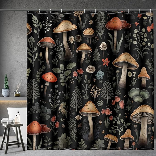 Aimego Extra Long Shower Curtains - Boho Mushroom Vintage Floral Plants Flowers Fairy Nature Botanical Fabric Cloth Shower Curtain Set with 12 Hooks Bathroom Decor Bathtub Curtain, 72"x84" Black