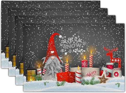 Giwawa Christmas Gnome Placemats, Let It Snow Xmas Elf Reindeer Place Mat for Kitchen Dining, Winter Snowflakes Non-Slip Washable Table Mats for Tabletop Holiday Camping Decor, Set of 4, 12"x18"