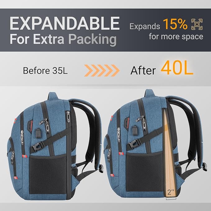 40L Expandable Laptop Backpack, Anti-thief Travel Backpack with USB Charging Port, Airline Approved Business Waterproof Carry on Luggage, Fits 15.6" Laptop for Men Women