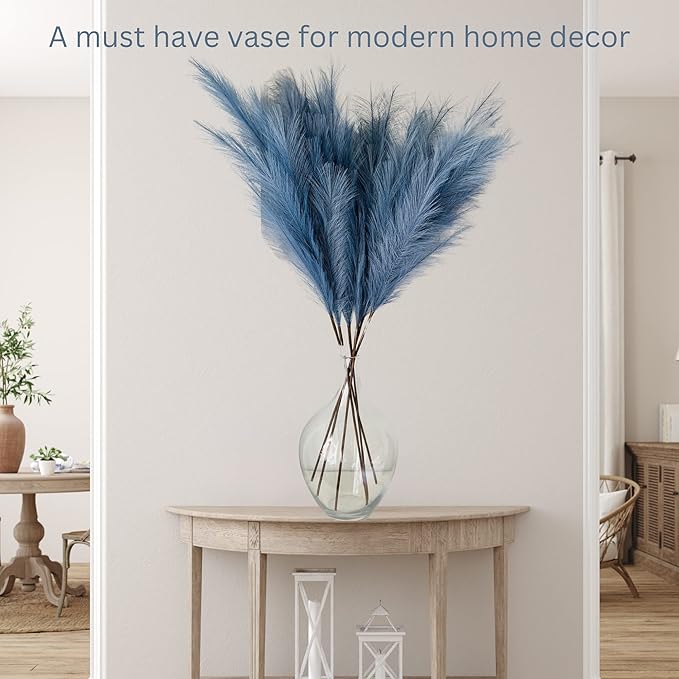 15" Tall, Large Glass Vase for Floor Decor, Big Tall Floor Vase for Pampas Grass Plants Flowers, Modern Decorative Living Room Bedroom Hallway, Clear Round Jar