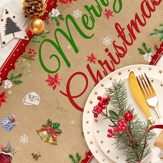Merry Christmas Burlap Table Runner Seasonal Spring Fall Kitchen Dining Linen Table Decoration for Indoor Outdoor Home Party Dinner 13x72 Inch