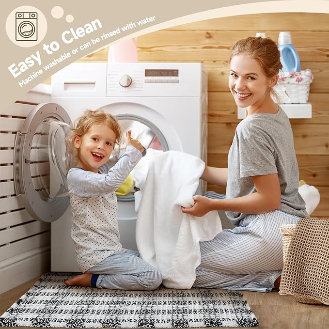 Waffle Bath Mat, Boho Bathroom Rugs Non Slip Washable Absorbent Checkered Bathroom Mat Quick Dry Farmhouse Bathroom Decor, 36"x24" Black and White