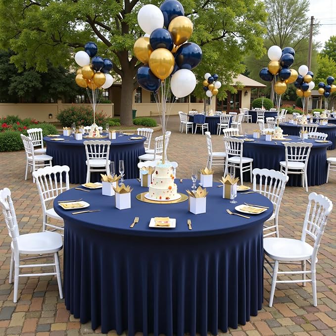 Outpain 8 Pack Spandex Navy Blue Round Tablecloths for 60in Tables, 120Inch Stretchy Fitted 5FT Round Table Clothes,Wrinkle Free Table Cover with Skirt for Wedding Party Dining Banquet