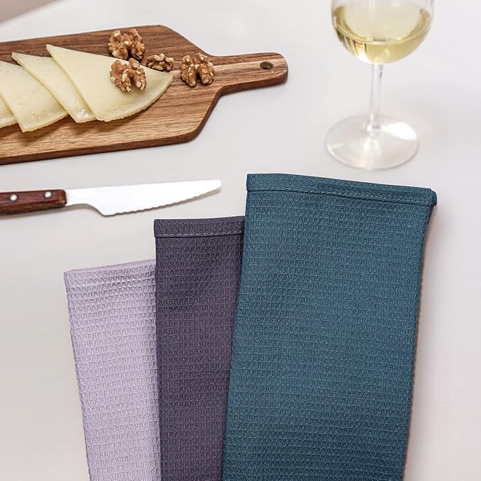 QUILTINA Dish Towels Set,100% Cotton Waffle Weave Kitchen Towels 6 Pack,17 x 25 Inches Dish Towels for Kitchen,Super Absorbent for Drying and Cleaning(Dark Green,Light Grey,Dark Grey)