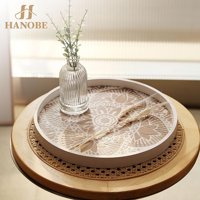 Hanobe Decorative Serving Tray Round: 2Pcs Farmhouse Coffee Table Decor with White Boho Bead Garland - Mandala Trays for Living Room Kitchen Centerpiece Display
