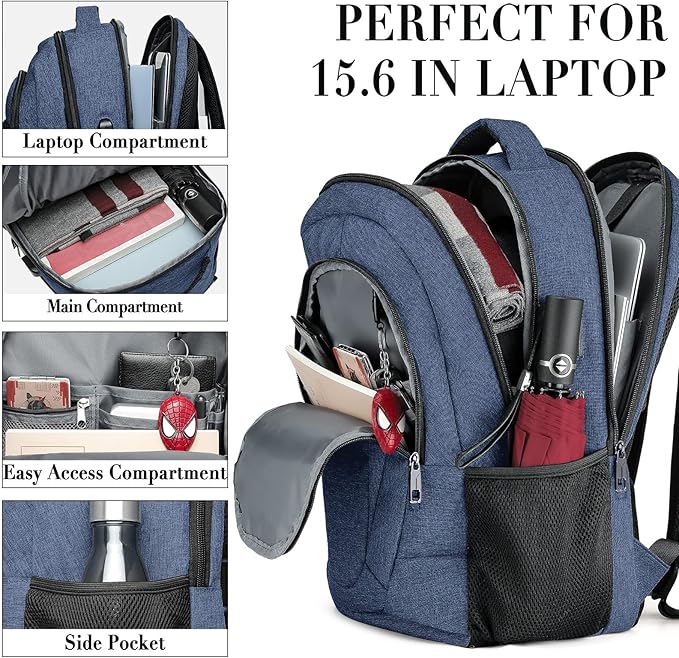 Backpack for Woman and Men, Travel Laptop Backpack with USB Charging, Waterproof College Back Pack for 15.6 IN Laptop Backpack, Adult Business Computer Travel Backpack, Blue