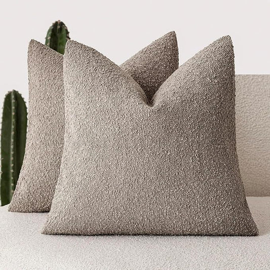 Foindtower Pack of 2 Textured Boucle Throw Pillow Covers Accent Solid Pillow Cases Cozy Soft Decorative Couch Cushion Case for Chair Sofa Bedroom Living Room Home Decor 18x18 Inch Light Taupe