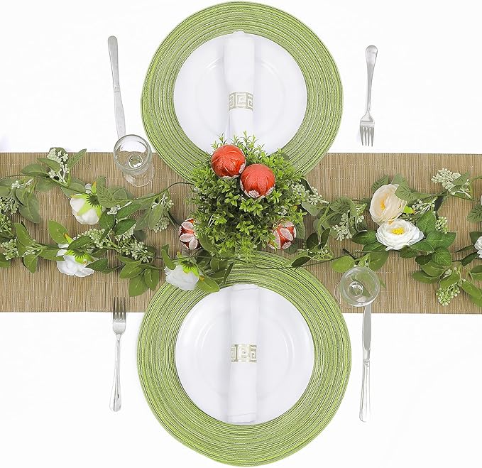 SHACOS Round Placemats Set of 8 Washable 15 inch Round Table Mats Braided Non Slip Fabric Place Mats for Dining Table Indoor (Pea Green, 8)