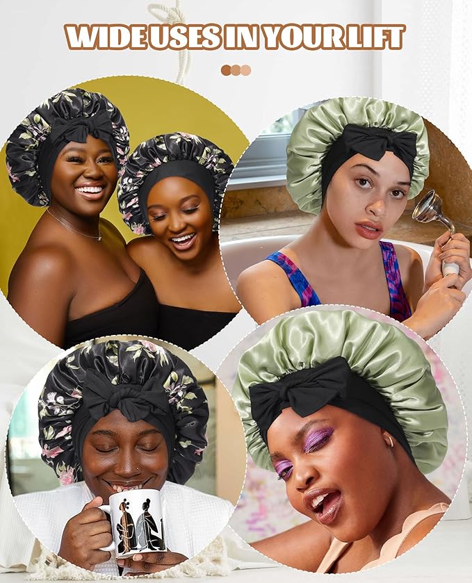 Satin Bonnet Silk Bonnet for Sleeping Silk Sleep Cap Double Layer Hair Bonnet with Elastic Tie Band for Curly Hair Night Cap (Black flower+Green)