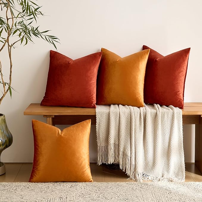 GIGIZAZA Velvet Pillow Covers 16x16,Burnt Orange Soft Throw Pillow Covers Set of 4 Square Decorative Modern Pillows Covers for Living Room