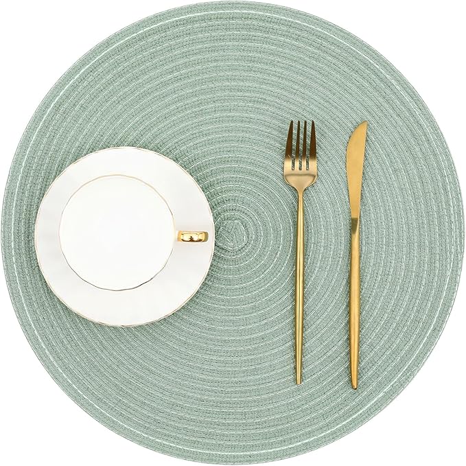 SHACOS Round Placemats Set of 6 Washable 15 inch Round Table Mats Cotton Polyester Woven Braided Place Mats for Dining Table, Sage Green