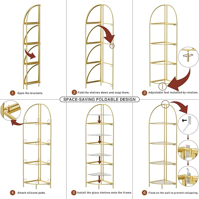 Crofy Foldable 4 Tier Corner Shelf, Metal Corner Plant Stand with Gold Frame and Transparent Shelves, Corner Display Rack Multipurpose Shelving Unit for Living Room, Bedroom, Bathroom