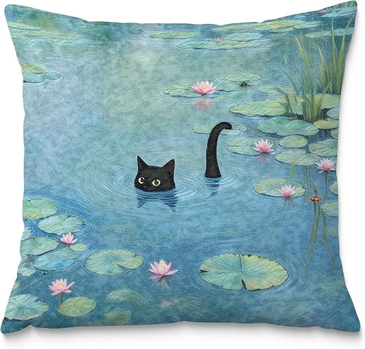 Black Cat Art Painting Throw Pillow Covers 18x18, Aesthetic Black Cat Decor Pillow Covers, Vintage Cats Decor for Room Bedroom, Cats Lovers Lady Mom Grandma Gifts